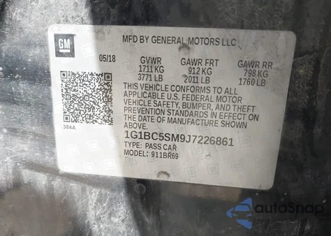 2018 Chevrolet Cruze Ls Auto из США, поврежденный, VIN 1G1BC5SM9J7226861